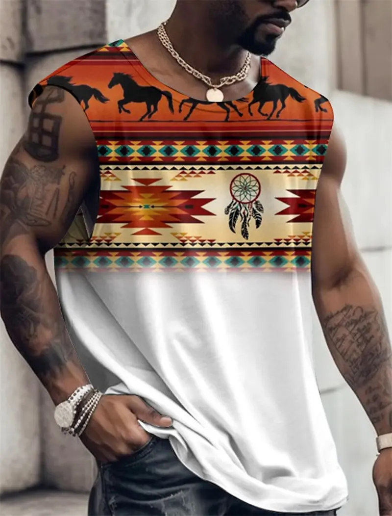 Retro Ethnic Style Graphic Tank Tops For Men Summer Casual Streetwear 3D Printed Sleeveless Vest Loose Vintage Breathable Tops