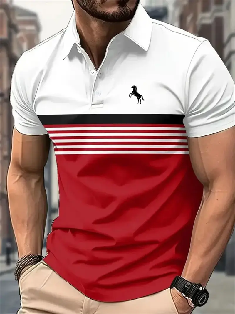 Simple Horse Stripe Graphic Polo Shirts For Men Trend Summer Personality 3D Printed Polo Shirt Cool Streetwear Oversized Tops