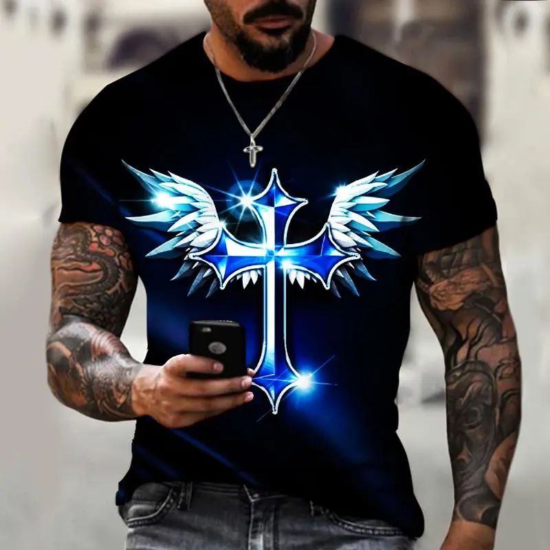 Fashion Cross Graphics T-shirts Summer Trend Short Sleeve 3D Jesus Printed Christian T Shirts Casual Cool Streetwear Tees Tops
