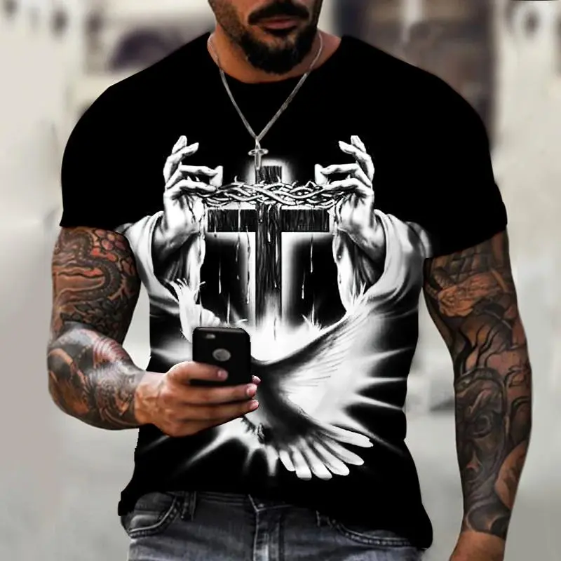 Fashion Cross Graphics T-shirts Summer Trend Short Sleeve 3D Jesus Printed Christian T Shirts Casual Cool Streetwear Tees Tops
