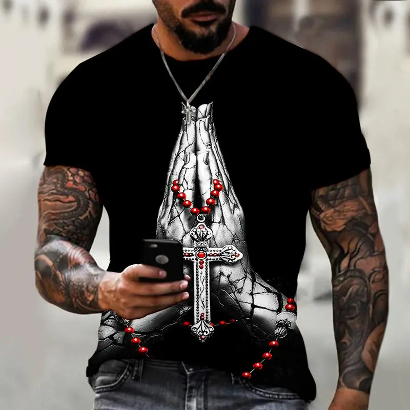 Fashion Cross Graphics T-shirts Summer Trend Short Sleeve 3D Jesus Printed Christian T Shirts Casual Cool Streetwear Tees Tops