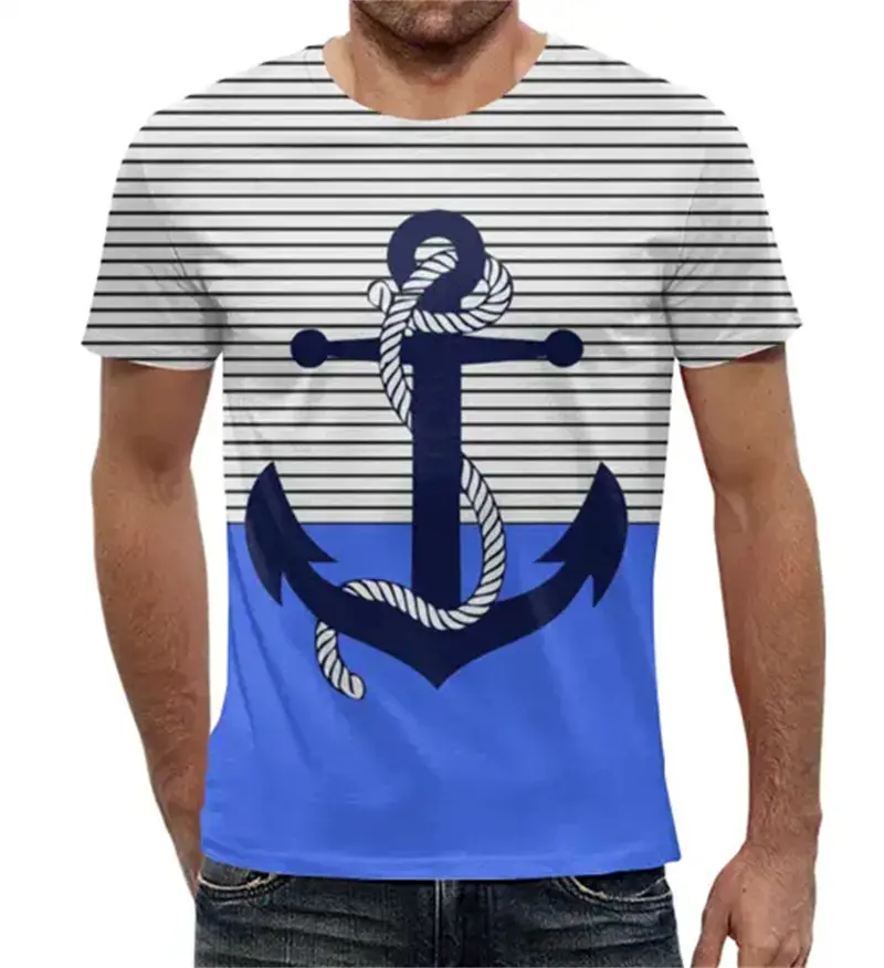 Simple Fashion Anchor Striped T Shirts For Men Summer Trendy Streetwear 3D Printed T-shirts Cool Streetwear Hip Hop Tees Tops