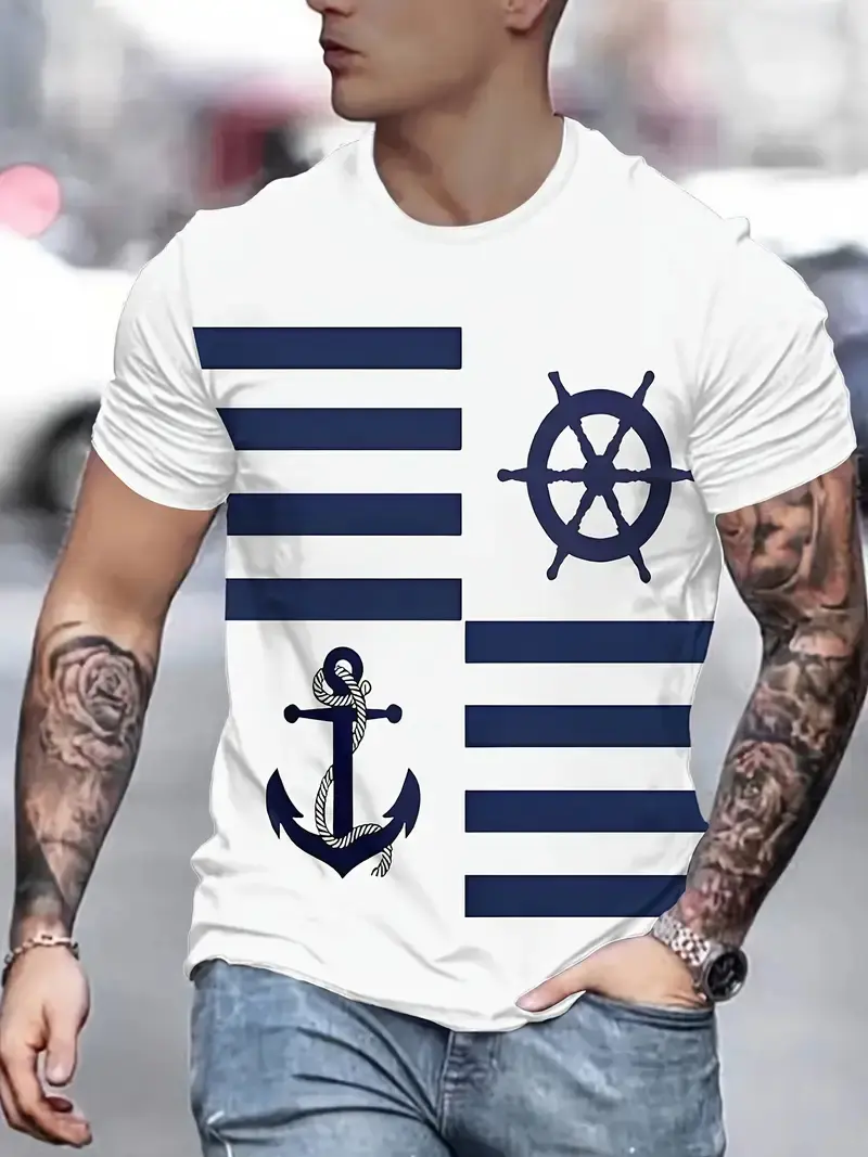 Simple Fashion Anchor Striped T Shirts For Men Summer Trendy Streetwear 3D Printed T-shirts Cool Streetwear Hip Hop Tees Tops