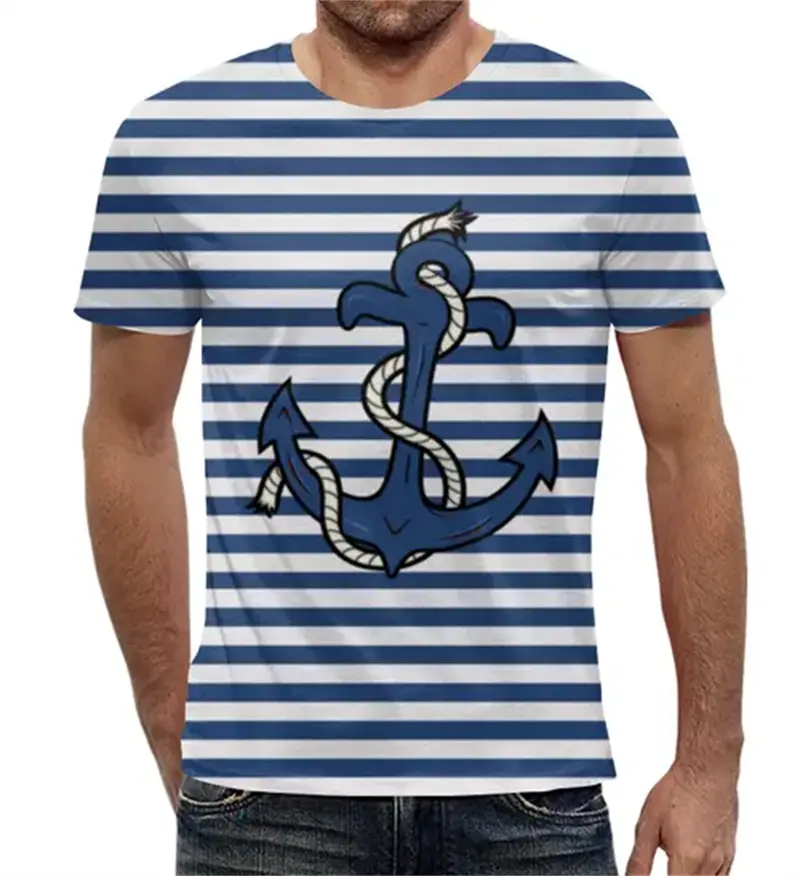 Simple Fashion Anchor Striped T Shirts For Men Summer Trendy Streetwear 3D Printed T-shirts Cool Streetwear Hip Hop Tees Tops