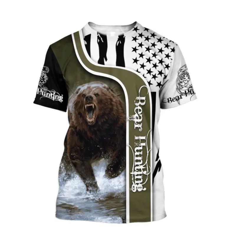 Fashion Bear Graphics T-shirts Summer Trend Short Sleeve O Neck 3D Animals Printed Hunter T Shirts Casual Outdoor Sports Tees