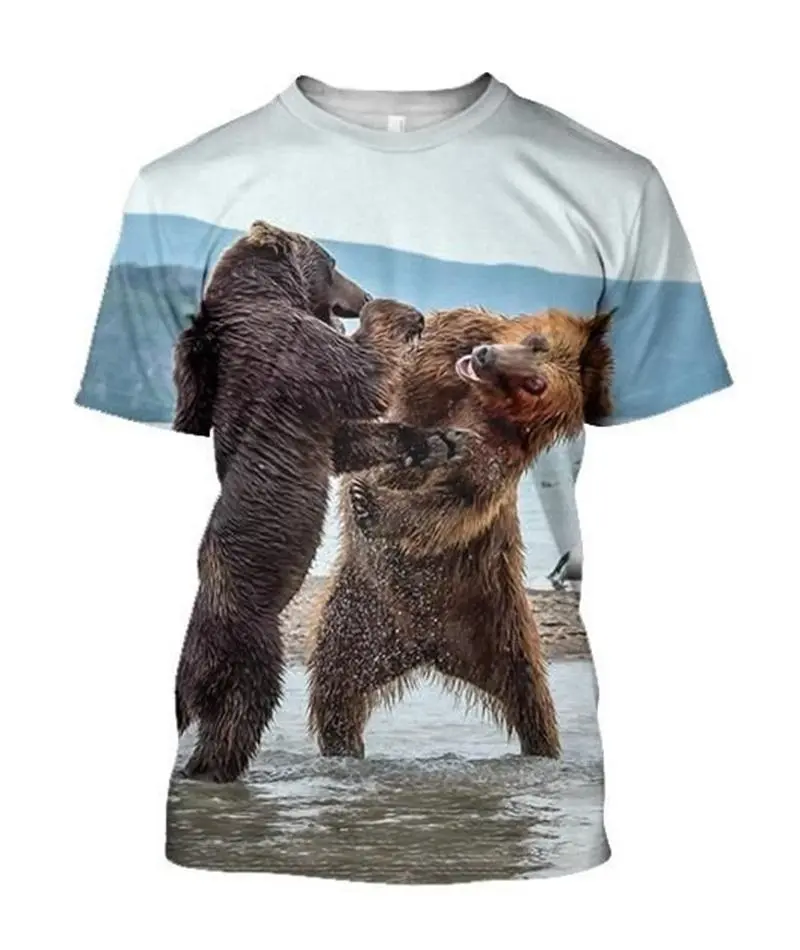 Fashion Bear Graphics T-shirts Summer Trend Short Sleeve O Neck 3D Animals Printed Hunter T Shirts Casual Outdoor Sports Tees