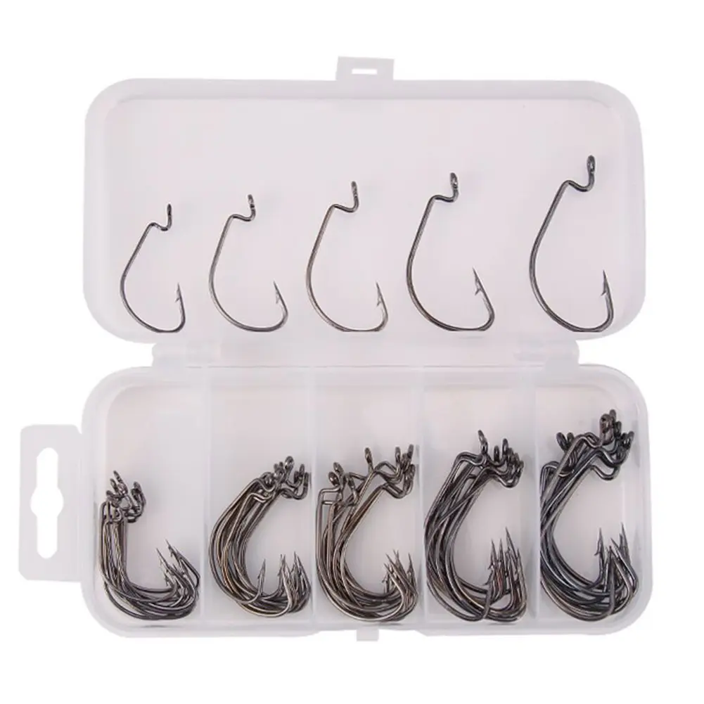 50 Pcs/Box Fishing Hooks Set Jig Crank Barbed Hook Wide Worm Hook Bass Barbed Carp Fishing Hook for Soft Worm Jig Mold Hooks