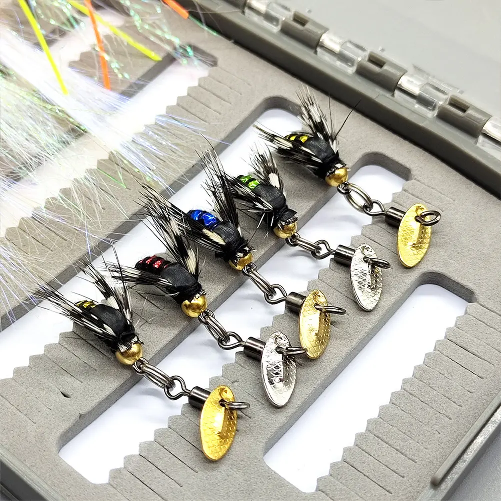 5Pcs Fly Hooks Flies Insect Lures with Crank Hook Fly Fishing Bait with Spinner Blade Natural Insect Bait for Small Fish