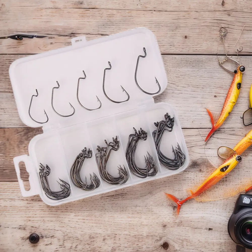 50 Pcs/Box Fishing Hooks Set Jig Crank Barbed Hook Wide Worm Hook Bass Barbed Carp Fishing Hook for Soft Worm Jig Mold Hooks