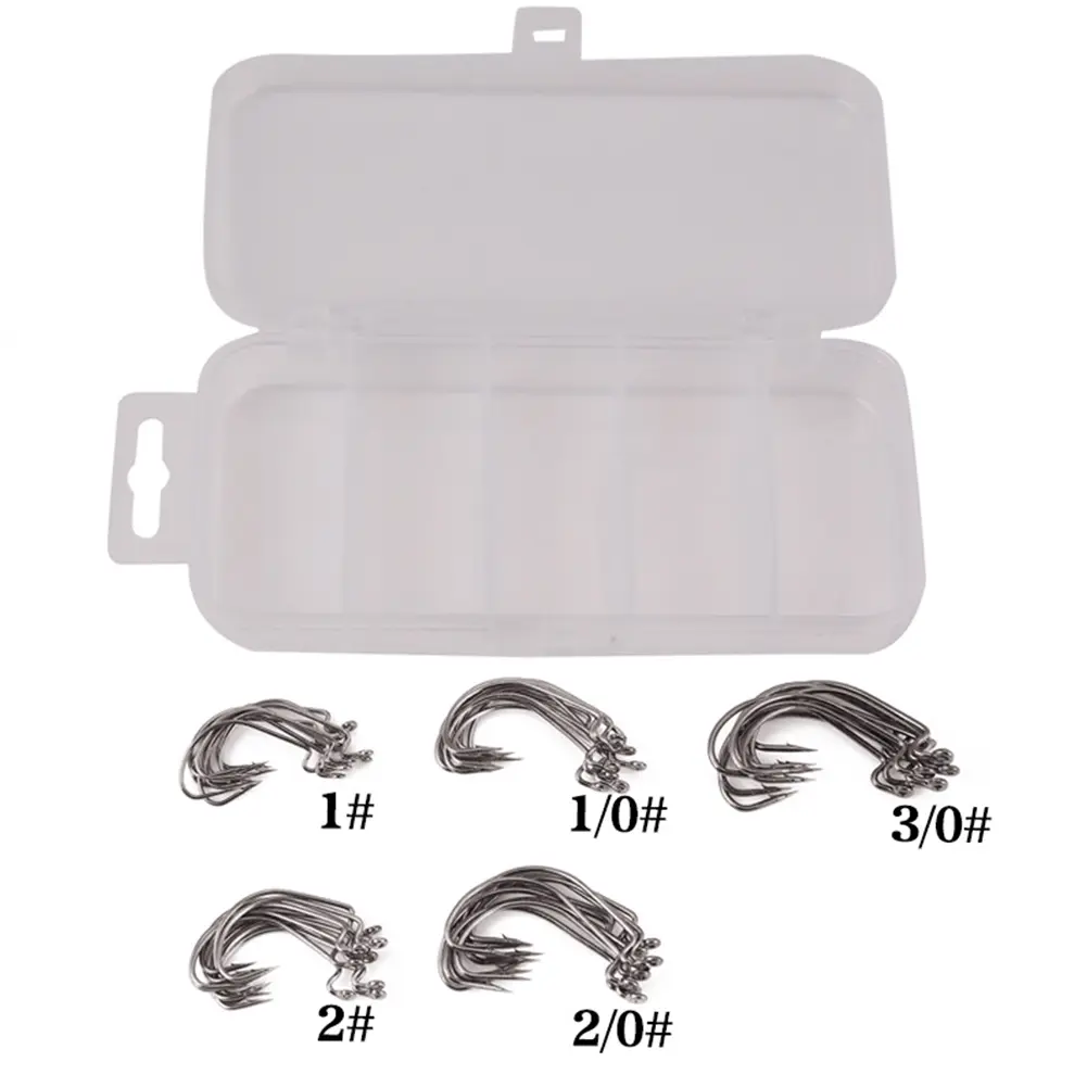 50 Pcs/Box Fishing Hooks Set Jig Crank Barbed Hook Wide Worm Hook Bass Barbed Carp Fishing Hook for Soft Worm Jig Mold Hooks