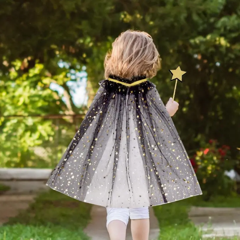 Little Girls Sequins Tulle Cape Star Wand Children Princess Party Dress Up Cloaks Summer Thin White Halloween Birthday Costumes
