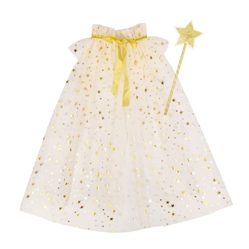 Little Girls Sequins Tulle Cape Star Wand Children Princess Party Dress Up Cloaks Summer Thin White Halloween Birthday Costumes
