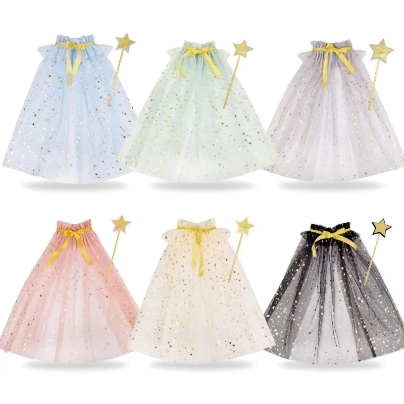Little Girls Sequins Tulle Cape Star Wand Children Princess Party Dress Up Cloaks Summer Thin White Halloween Birthday Costumes