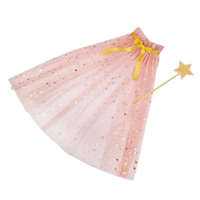 Little Girls Sequins Tulle Cape Star Wand Children Princess Party Dress Up Cloaks Summer Thin White Halloween Birthday Costumes