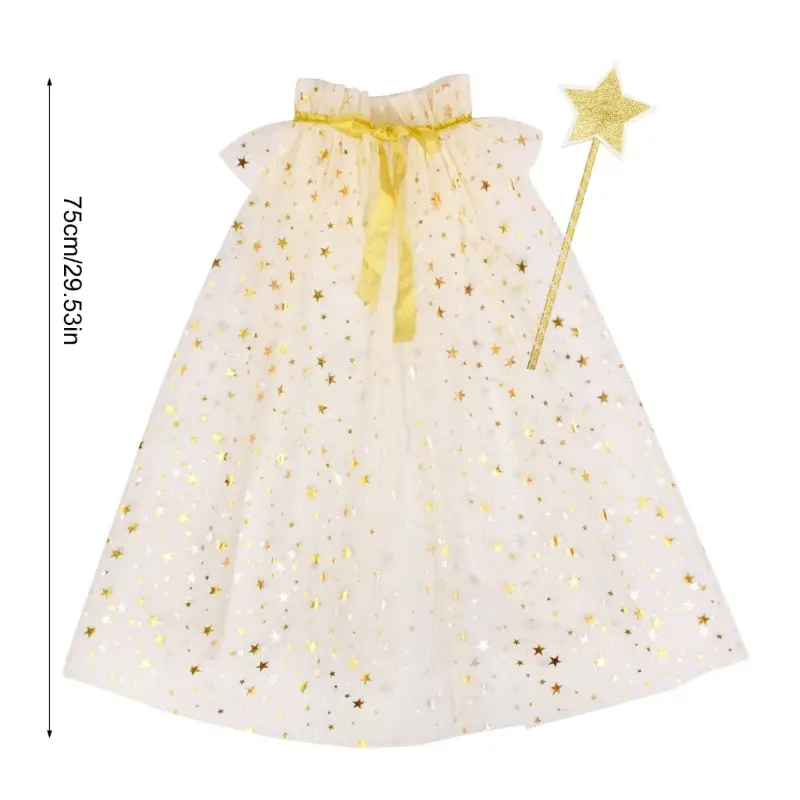 Little Girls Sequins Tulle Cape Star Wand Children Princess Party Dress Up Cloaks Summer Thin White Halloween Birthday Costumes