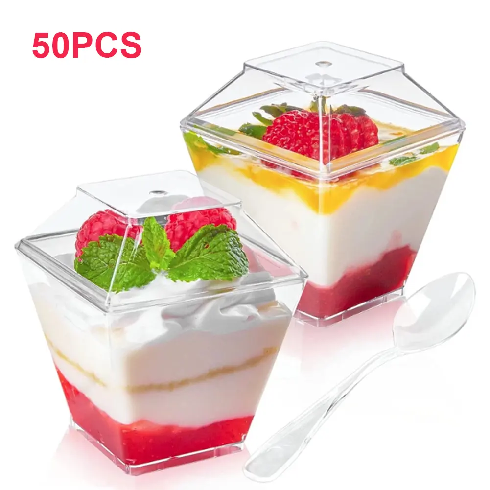 50/100 Pack Plastic Dessert Cups with Lids and Spoons Clear Yogurt Parfait Cups Mini Serving Cups for Mousse Puddings Ice Cream