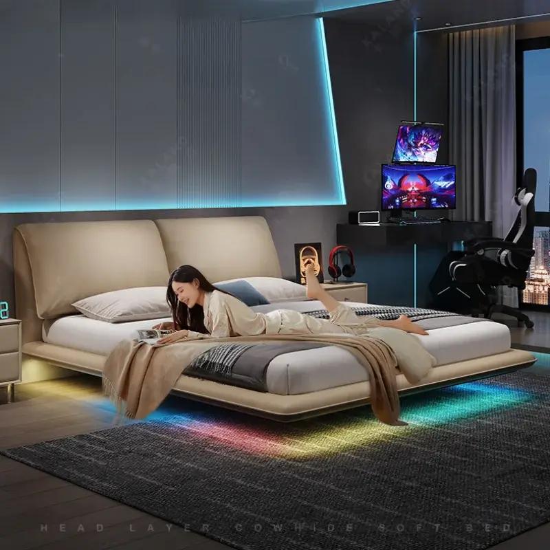 Unique Pretty Modern Double Bed Frame Led Lights Luxury Comferter Bed King Size Camas De Dormitorio Bedroom Set Furniture Queen