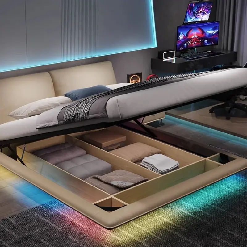 Unique Pretty Modern Double Bed Frame Led Lights Luxury Comferter Bed King Size Camas De Dormitorio Bedroom Set Furniture Queen