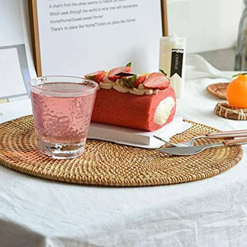 Rattan Woven Placemats Table Mats Non Slip Heat Resistant Place Mat Wicker Placemat Trivets for Hot Dishes Round 40cm