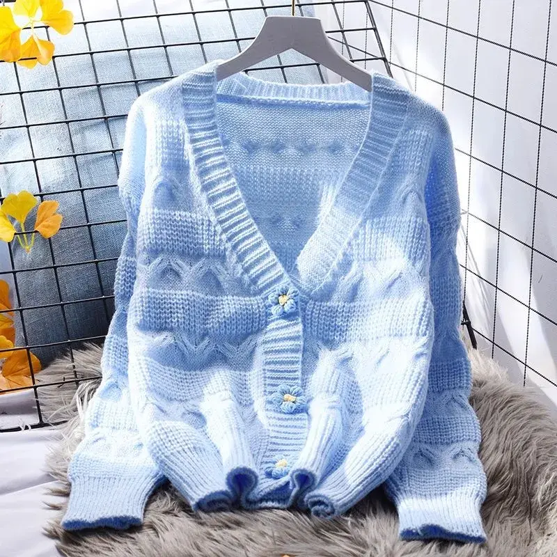 V-neck Short Cardigan Sweater Jacket Women Fashion Soft Knitted Coat Female 2025Spring Autumn New Loose Long Sleeved Ladies Tops
