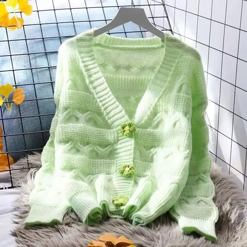 V-neck Short Cardigan Sweater Jacket Women Fashion Soft Knitted Coat Female 2025Spring Autumn New Loose Long Sleeved Ladies Tops