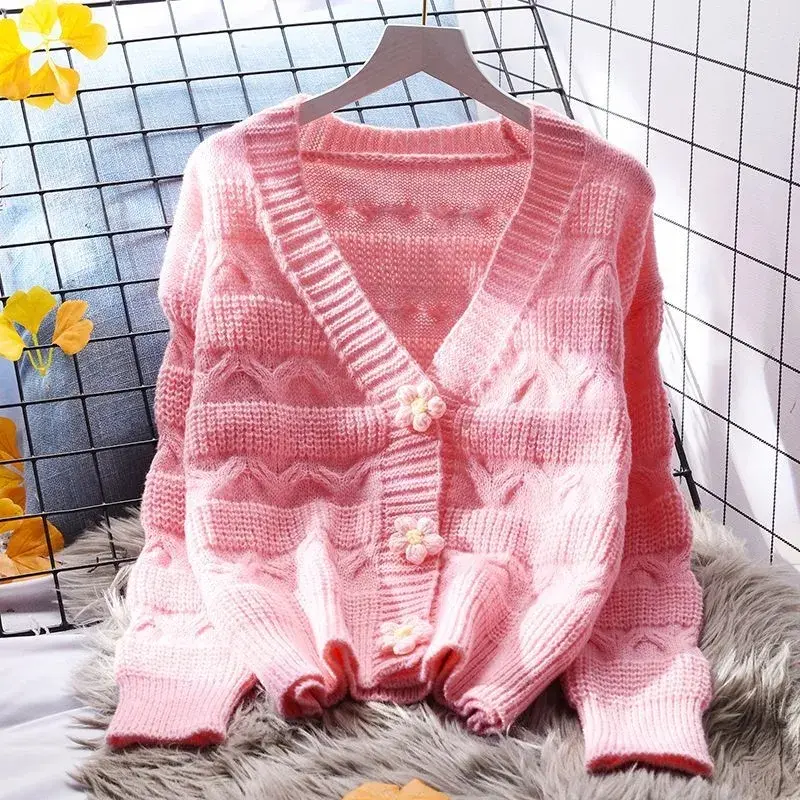 V-neck Short Cardigan Sweater Jacket Women Fashion Soft Knitted Coat Female 2025Spring Autumn New Loose Long Sleeved Ladies Tops