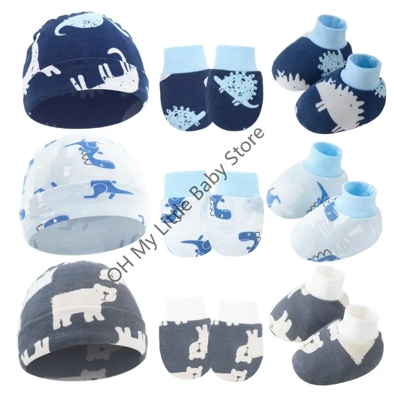 M76C Infant Scratch Resistant Mittens Hat Footie Set 3Pcs Breathable Cotton Gloves with Bonnet Caps 0-6m Baby Essential