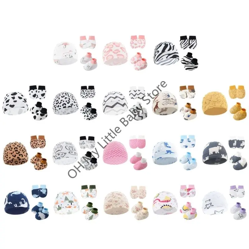 M76C Infant Scratch Resistant Mittens Hat Footie Set 3Pcs Breathable Cotton Gloves with Bonnet Caps 0-6m Baby Essential