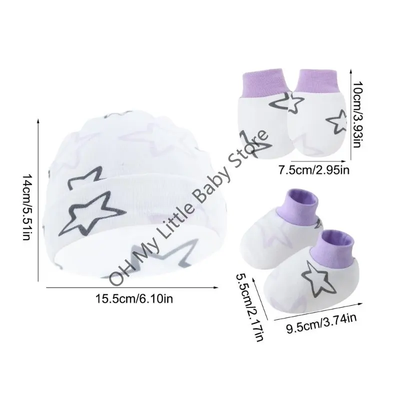 M76C Infant Scratch Resistant Mittens Hat Footie Set 3Pcs Breathable Cotton Gloves with Bonnet Caps 0-6m Baby Essential
