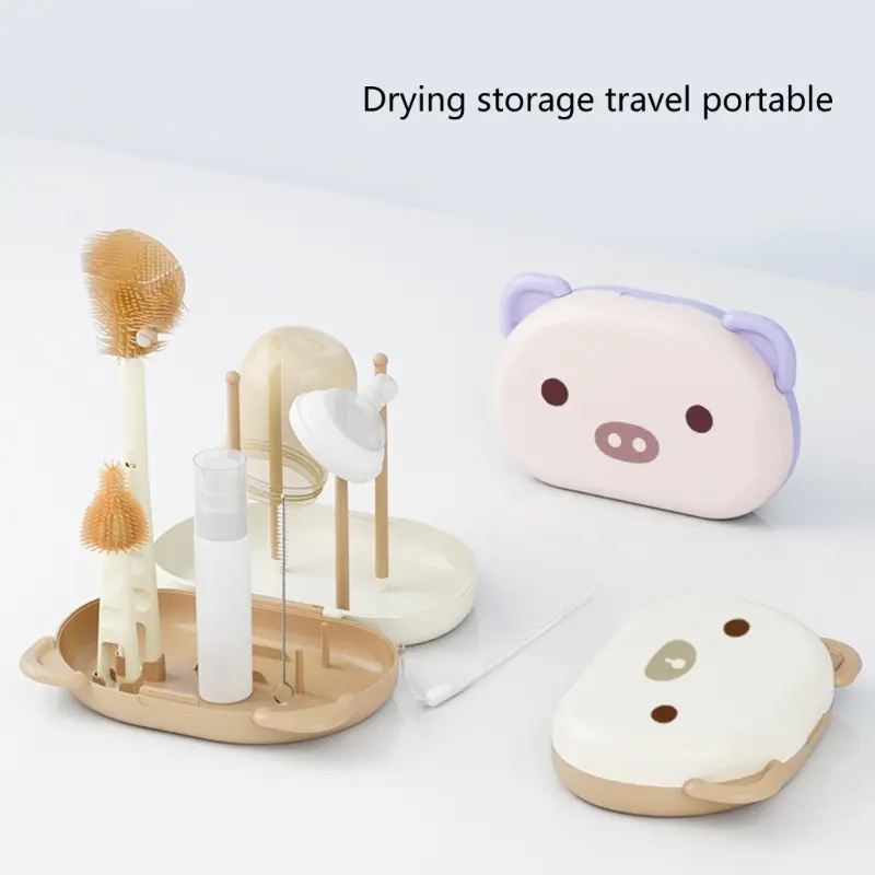Baby Bottle Cleaner Brush Set Travel Size Drying Racks Silicone Cleaning Nipple Straw Cleaner Kit Soap Dispenser Organizer Case