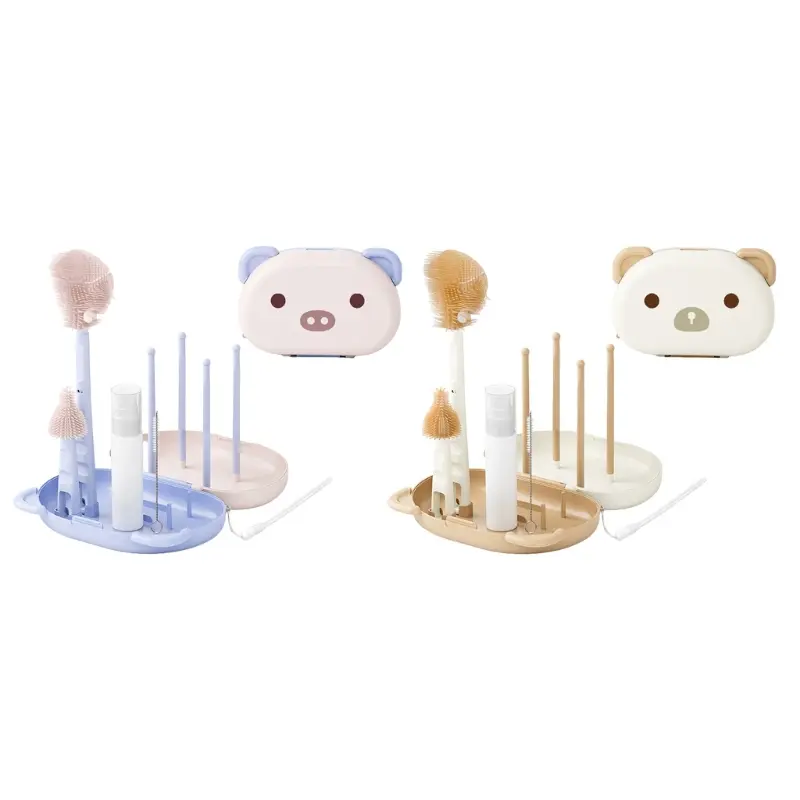 Baby Bottle Cleaner Brush Set Travel Size Drying Racks Silicone Cleaning Nipple Straw Cleaner Kit Soap Dispenser Organizer Case