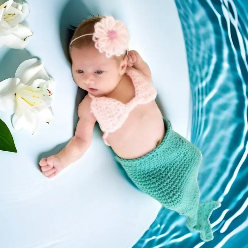 Newborn Photography Props Costume Mermaid Tail Outfit with Headband Posing Clothing Baby 1-6 Month Photo Shooting Props