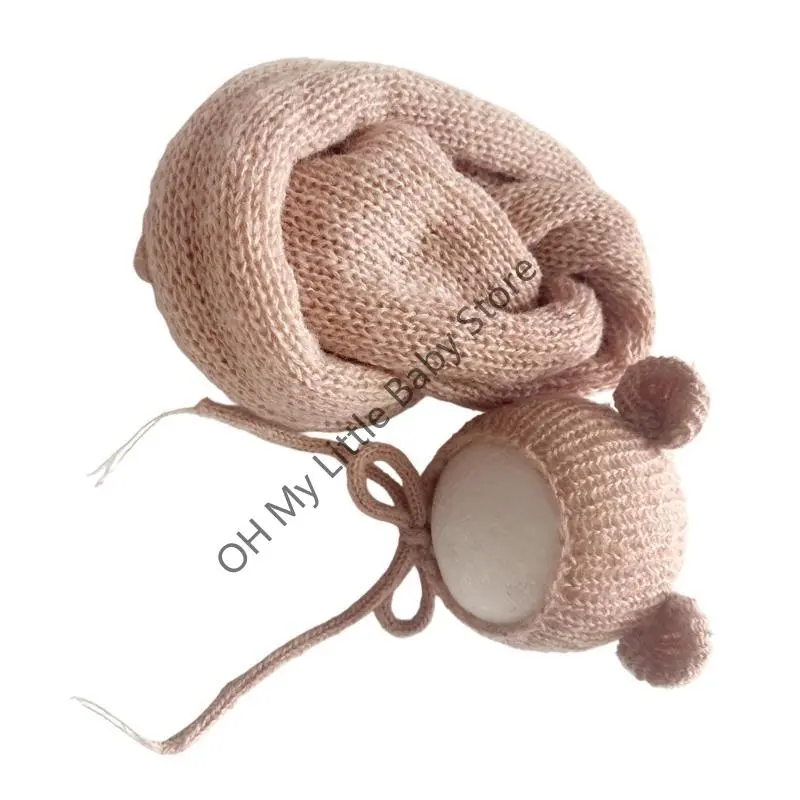 M76C Newborns Bear Costume Soft Stretchy Baby Wrap & Crochet Hat Set for Photo
