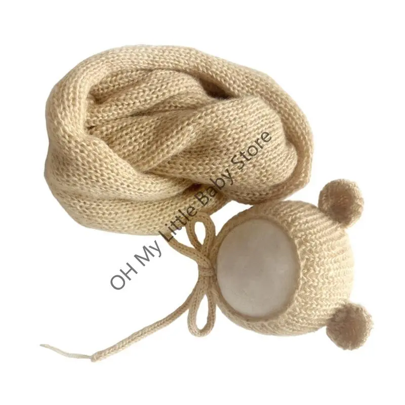 M76C Newborns Bear Costume Soft Stretchy Baby Wrap & Crochet Hat Set for Photo