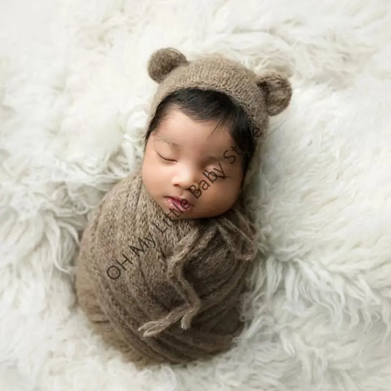 M76C Newborns Bear Costume Soft Stretchy Baby Wrap & Crochet Hat Set for Photo