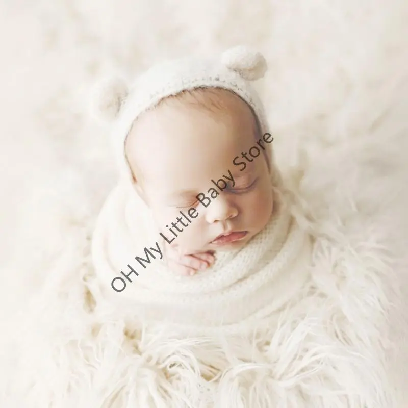 M76C Newborns Bear Costume Soft Stretchy Baby Wrap & Crochet Hat Set for Photo