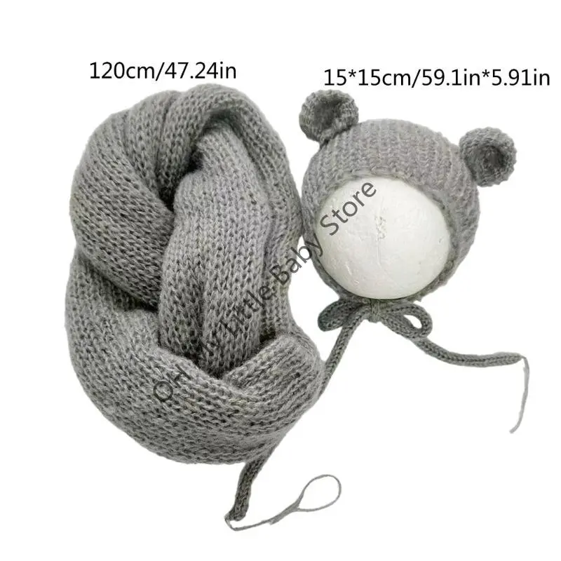 M76C Newborns Bear Costume Soft Stretchy Baby Wrap & Crochet Hat Set for Photo