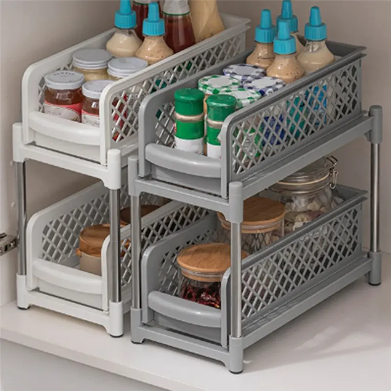 HGHO Space-Saving Design 2-Layer Organizer With Pull-Out Drawers, Sliding Bathroom And Kitchen Cabinet Storage