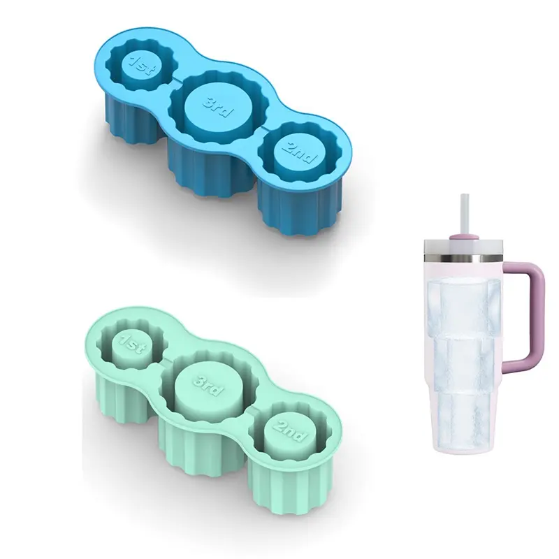 HGHO Ice Mold For Stanley Cups, Silicone Ice Maker With Lid For Making 3 Hollow Cylinder Ice Molds,Reusable Durable Blue & Green