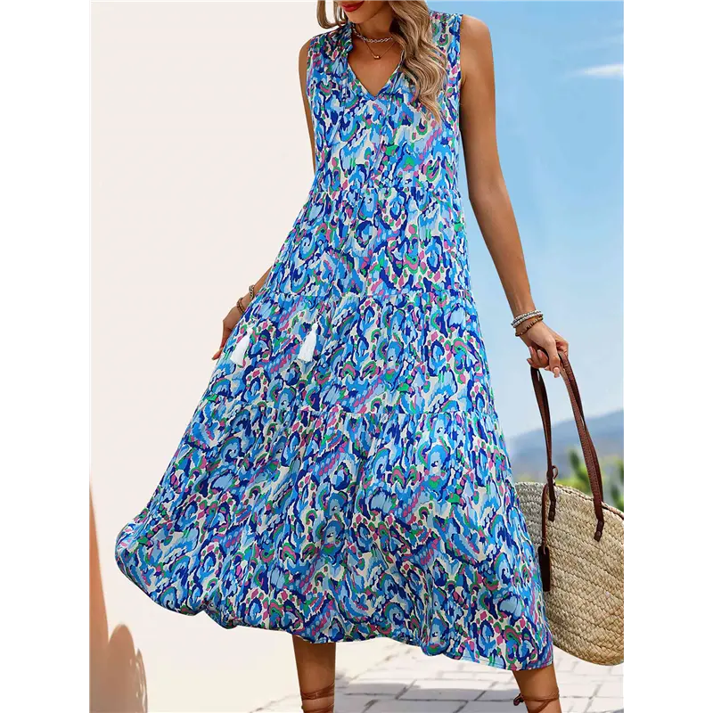 HGHO Women's Maxi Dress Summer Sleeveless Bohemian Floral V Neck Tie Front Fringe Flowy Long Dress Vacation Beach Sundress