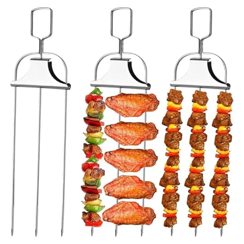 HGHO 3PCS 3-Prong Stainless Steel Kabob Skewers For BBQ With Pusher Slider,For Meat,Chicken,Sausages,Veggies,Shrimp