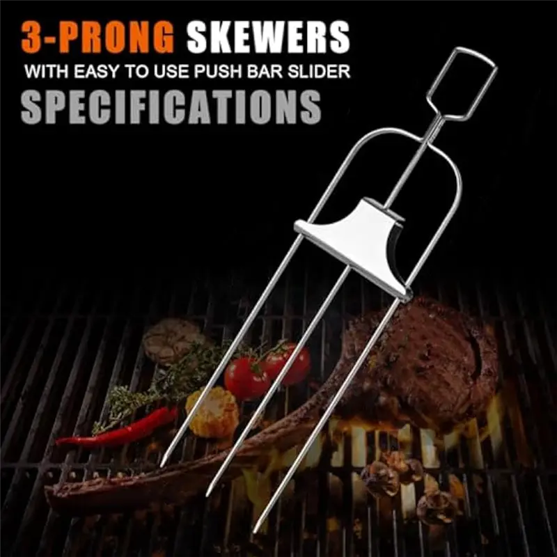HGHO 3PCS 3-Prong Stainless Steel Kabob Skewers For BBQ With Pusher Slider,For Meat,Chicken,Sausages,Veggies,Shrimp