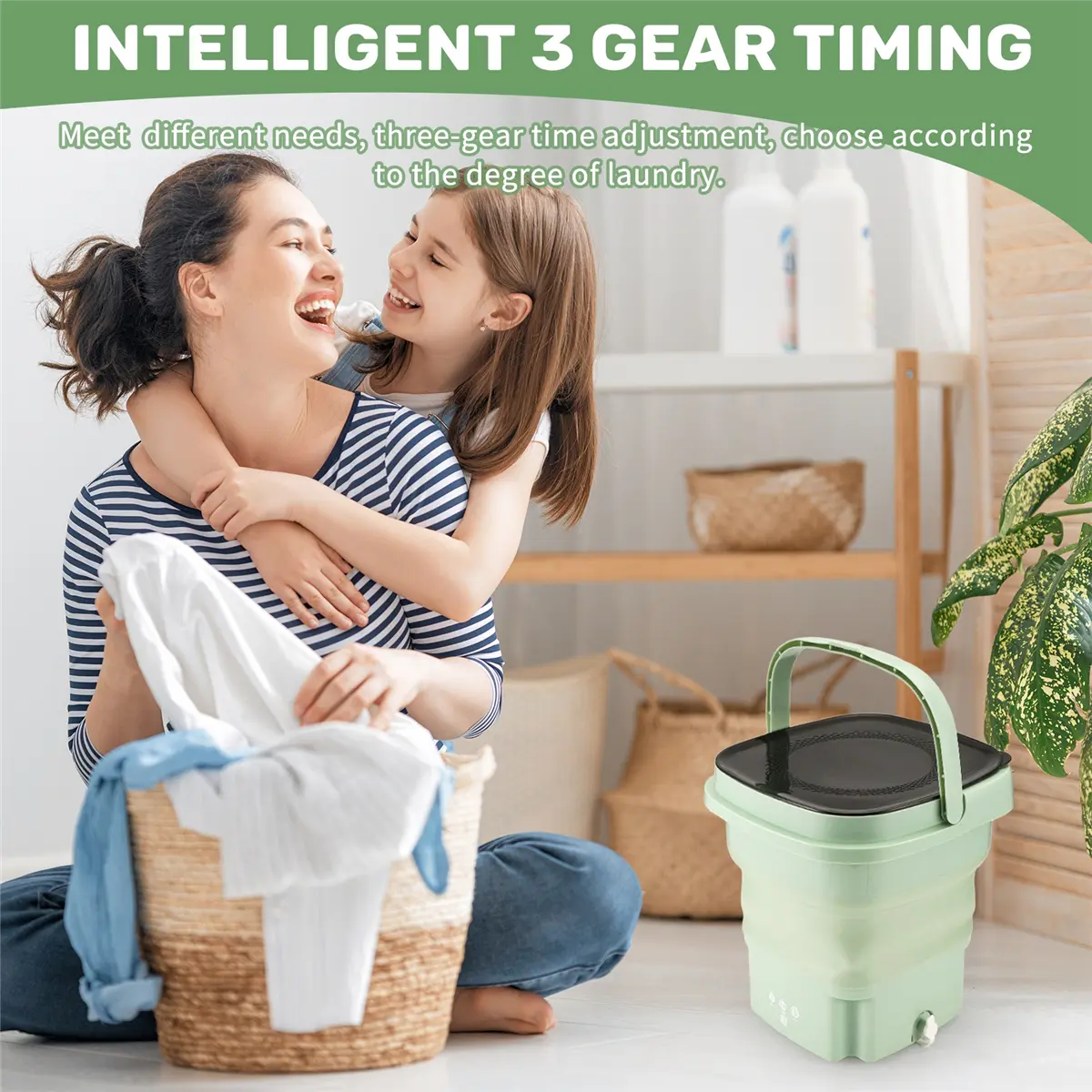New Folding Washing Machine with Dryer Bucket for Clothes Socks Underwear Cleaning Washer Mini Green EU Plug