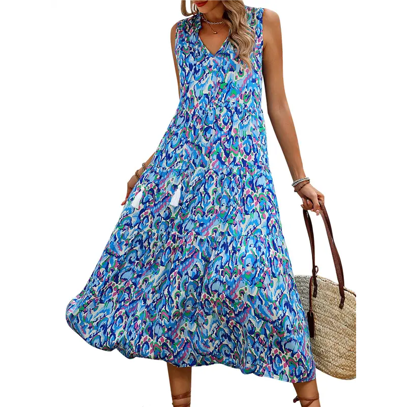 HGHO Women's Maxi Dress Summer Sleeveless Bohemian Floral V Neck Tie Front Fringe Flowy Long Dress Vacation Beach Sundress