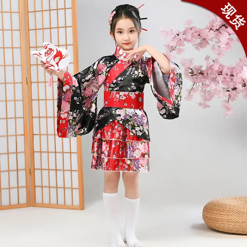 Child Japanese Kimono Yukata Girls Japan Bathrobe Gown Obi Vintage Haori Halloween lolita skirt Cosplay Costume Home Sleep Wear