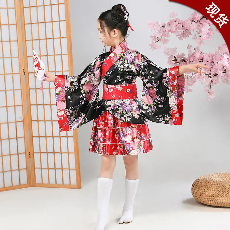 Child Japanese Kimono Yukata Girls Japan Bathrobe Gown Obi Vintage Haori Halloween lolita skirt Cosplay Costume Home Sleep Wear