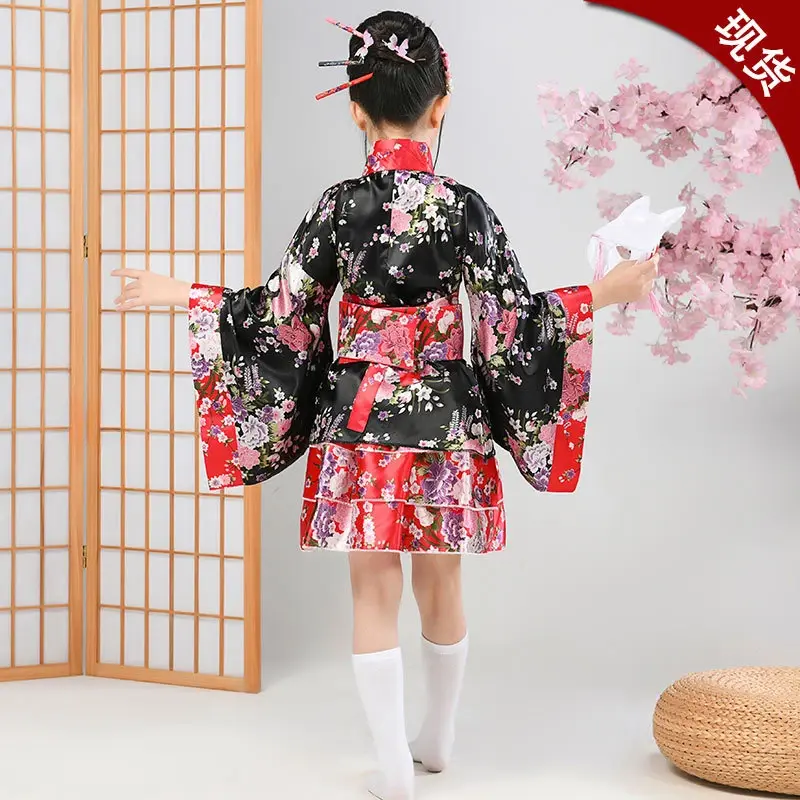 Child Japanese Kimono Yukata Girls Japan Bathrobe Gown Obi Vintage Haori Halloween lolita skirt Cosplay Costume Home Sleep Wear