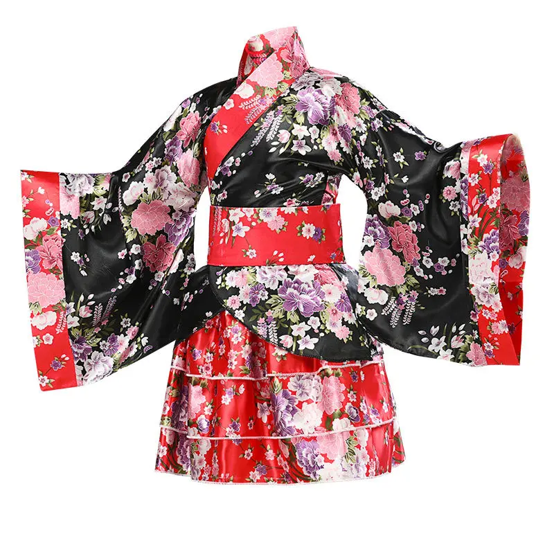Child Japanese Kimono Yukata Girls Japan Bathrobe Gown Obi Vintage Haori Halloween lolita skirt Cosplay Costume Home Sleep Wear