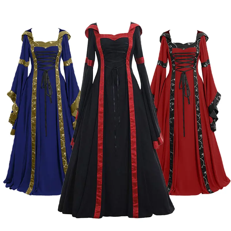 European and American women's clothing, medieval retro court style hooded dress, square neck, flared sleeves, large skirt, party