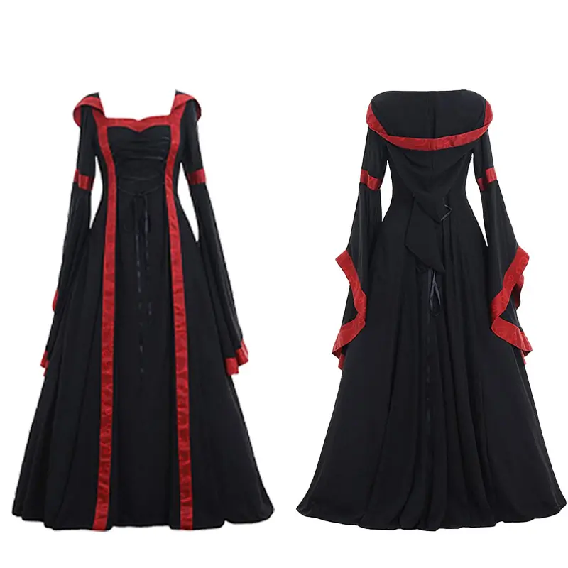 European and American women's clothing, medieval retro court style hooded dress, square neck, flared sleeves, large skirt, party